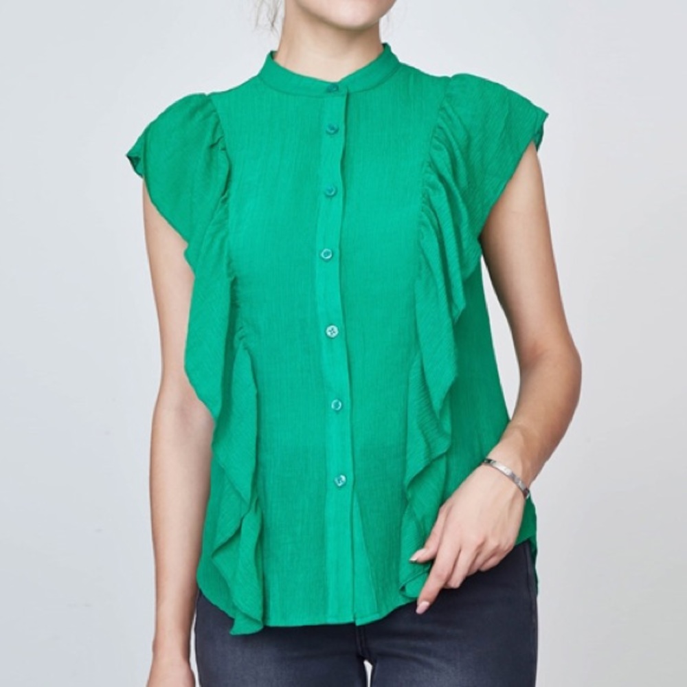 NWT // Kelly Green Ruffle Flutter button Up Blouse - Picture 7 of 7